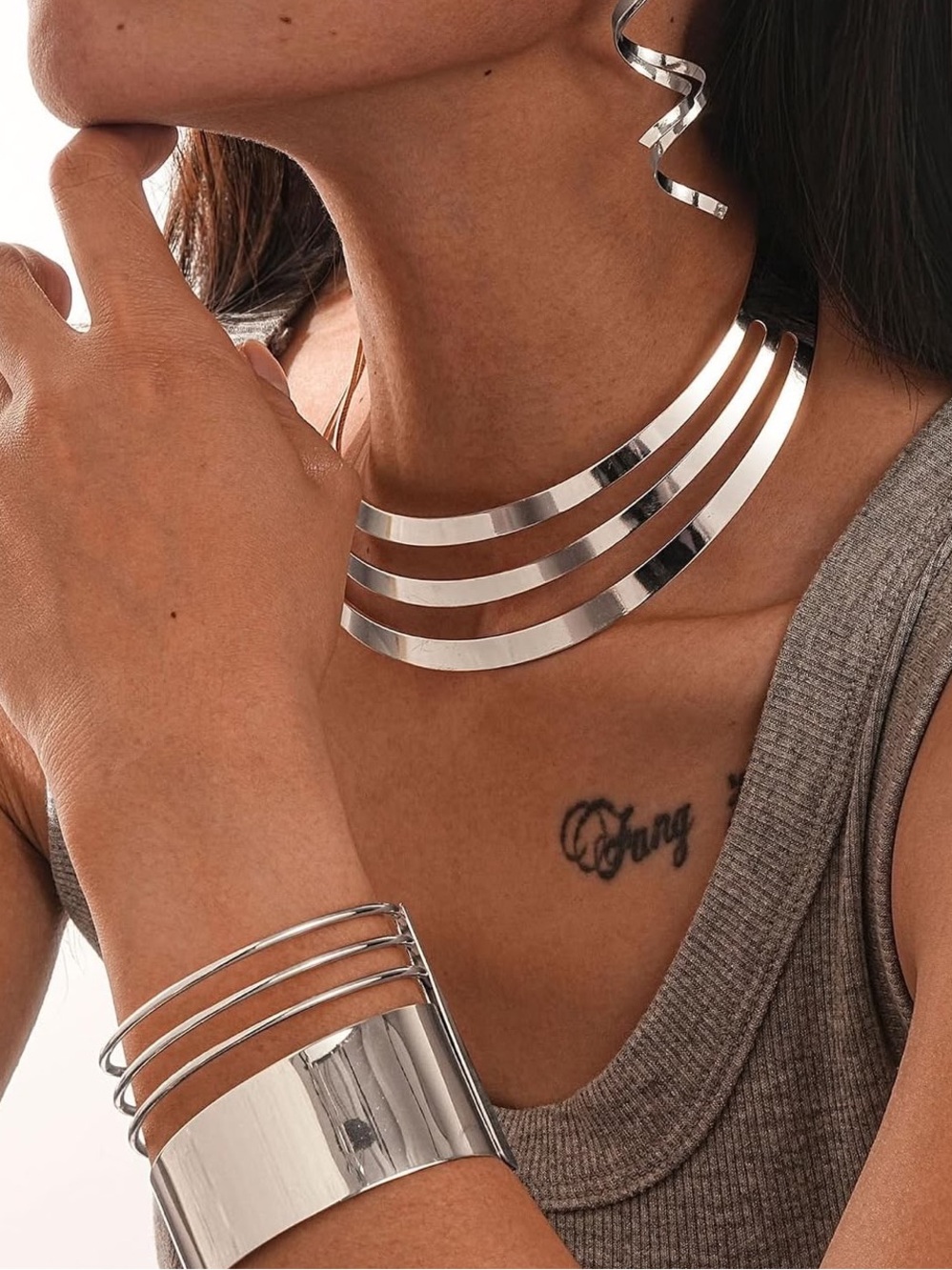 Anthropologie Polished Silver Color Multi-Band Collar Necklace